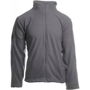 A full zip microfleece jacket in grey featuring long sleeves and a high collar. It has a logo on it.