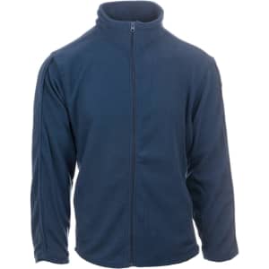 A navy full zip microfleece jacket with long sleeves and a high collar. Features a logo on the left side.