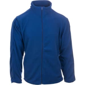 A blue full zip microfleece jacket with long sleeves and a high collar. It features a logo on the front.