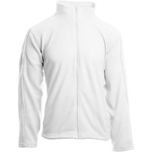 A full zip microfleece jacket in white, featuring long sleeves and a collar. It has a logo on the front.