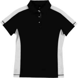 A moisture-free mesh shirt in black with white accents and a polo collar. It features a logo on the chest.