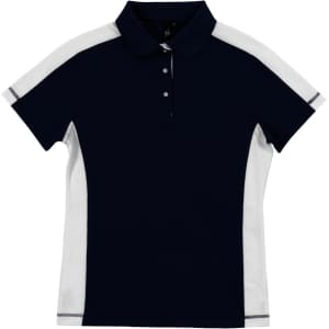 A navy and white moisture-free mesh polo shirt with a collar and short sleeves, featuring a logo.