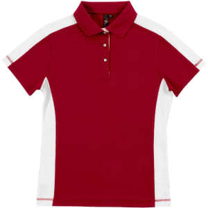 A red and white moisture-free mesh polo shirt with a collar and buttons, featuring a logo.