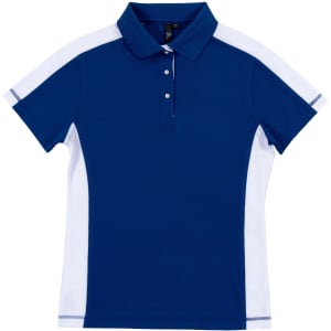 A blue and white polo shirt with a collar and three buttons, featuring a logo on the chest.