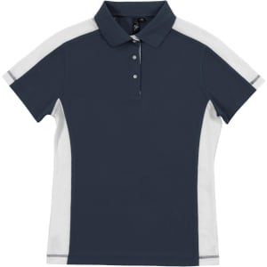 A moisture-free mesh polo shirt in navy blue with white accents and a collar. The shirt has a logo on the upper part.