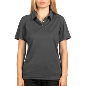 A grey moisture-free pique polo shirt for women with a classic collar and a fitted silhouette.