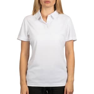 A white moisture-free pique polo shirt displayed on a female model, featuring a collar and short sleeves.