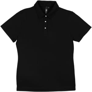 A black moisture-free pique polo shirt featuring a collar and three buttons, with a logo on the label.