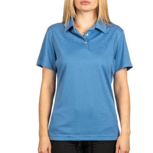 A blue polo shirt with a collar and short sleeves, featuring a logo on the front.