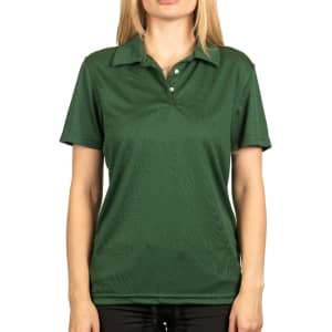 A green polo shirt with a collar and short sleeves, featuring a logo on the left chest.