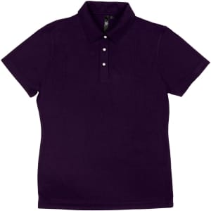 A purple polo shirt featuring a collar and three buttons, with a logo on the collar.