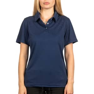 A navy blue polo shirt made from moisture-free fabric, featuring a collar and short sleeves. It has a logo.