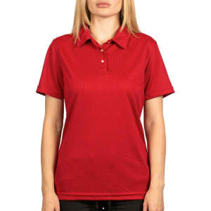A red polo shirt with a collar and short sleeves, featuring a logo on the upper left.