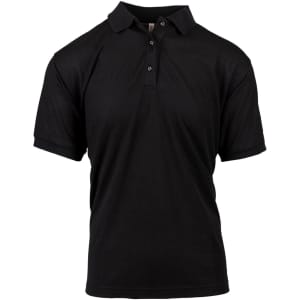 A black short sleeve polo shirt with a collar and three buttons, featuring a small logo on the chest.