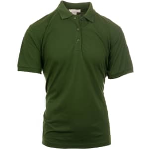A short sleeve, silky soft knit polo shirt in dark green with a logo on the chest.