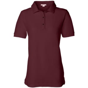 A short sleeve, silky soft knit polo shirt in a rich burgundy colour with a collar and button placket.