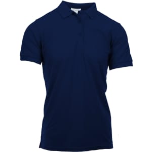 A navy blue short sleeve silky soft knit polo shirt with a collar and a logo.