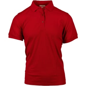A red short sleeve polo shirt with a collar and three buttons, featuring a subtle logo.