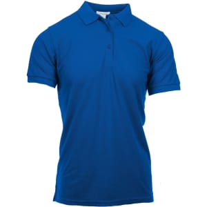 A blue short sleeve silky soft knit polo shirt with a collar and buttons, featuring a logo.