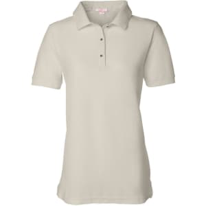 A short sleeve polo shirt in a light beige colour with a collar and a branded logo.