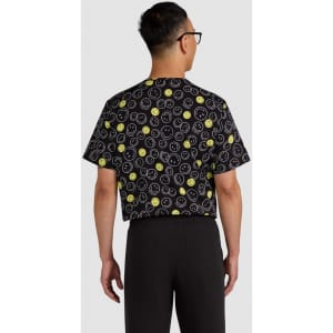 A black top featuring a playful print of various colourful smiley faces, shown from the back.