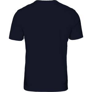 A navy blue men's t-shirt featuring a simple design and a logo on the back.