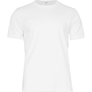 A white men's t-shirt featuring short sleeves and a round neck, with a logo on the front.
