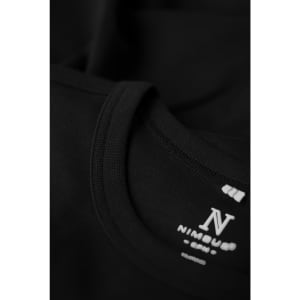 A black men’s t-shirt featuring a round neckline and a logo on the label.