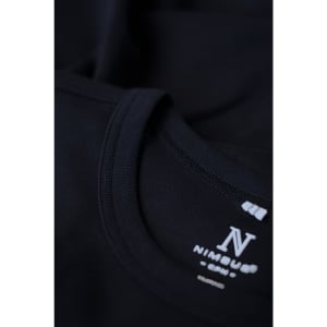 A black men's T-shirt featuring a round neckline and a subtle branding logo on the collar.