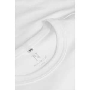 A white t-shirt featuring a round neckline and a logo on the inside tag.