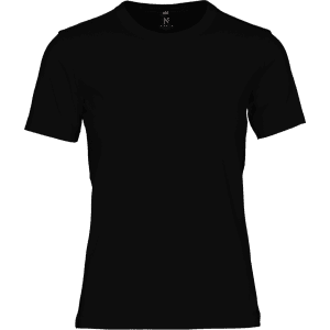 A black women's t-shirt, featuring a classic crew neckline and short sleeves, with a logo present.