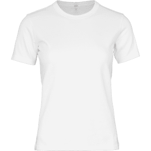 A white women's t-shirt featuring short sleeves and a round neckline. The shirt has a branding logo.