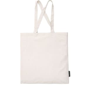A tote bag in cream with dual shoulder straps and a logo on the side.