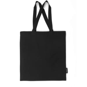 A black tote bag with two shoulder straps and a small brand logo on the side.