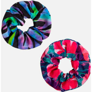 A printed scrunchie duo set featuring a vibrant black and multicoloured design and a pink and green floral pattern.