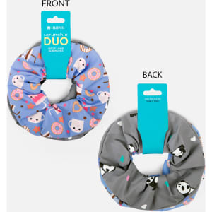 A printed scrunchie duo set featuring a light blue design with animals and donuts, and a grey design with pandas.