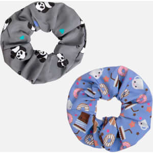 A duo set of printed scrunchies featuring a grey panda design and a blue dessert pattern. Each has a playful style.