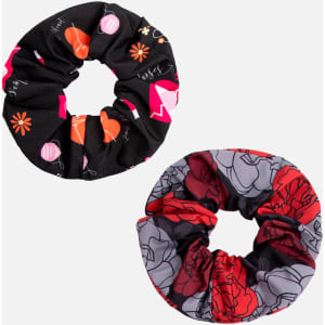 A duo set of printed scrunchies featuring vibrant patterns in black, red, and grey colours. Includes a branded logo.