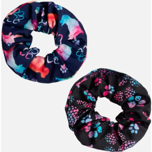A duo set of printed scrunchies featuring colourful animal patterns on a dark background in blue and black.