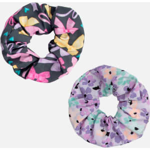 A duo set of printed scrunchies featuring a black design with coloured bows and a pastel floral pattern.