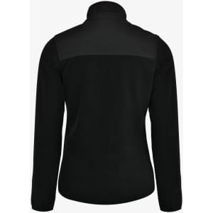 A black women's jacket with a high collar and a textured back panel. Features long sleeves and a simple design.