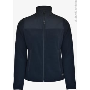 A navy blue jacket with a high collar and zip front, made from recycled polyester, featuring a logo.