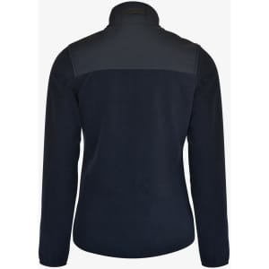 A women's jacket in navy featuring a high collar and a sleek design. The back is predominantly dark blue and has a logo.