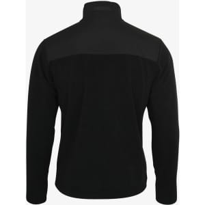 A black men's jacket featuring a high collar and a contrasting panel at the back. It has a logo on the design.