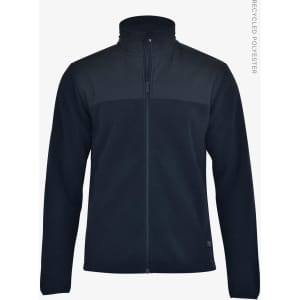 A navy jacket with a high collar and full zip, featuring a contrasting panel. It has a logo on the front.