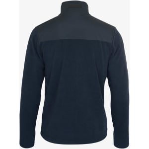 A navy blue men's jacket with a high collar and a contrasting dark panel on the upper back. It has a logo on the back.