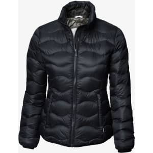 A black puffer jacket featuring a zip front, high collar, and a lightweight design. The jacket has a logo on it.
