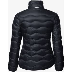 A black puffer jacket with a quilted pattern, featuring a high collar and long sleeves, displayed from the back.