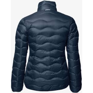 A puffer jacket in a dark navy colour, featuring a quilted texture and a high collar. It has a logo on the back.
