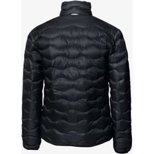 A puffer jacket in black, featuring a textured, quilted design and a high collar. It has a logo on the back.